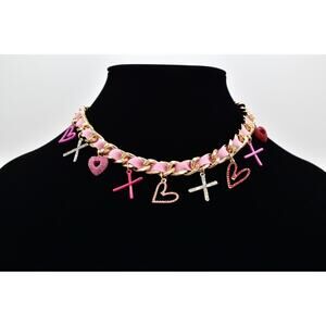 Betsey Johnson Valentine's Necklace XO Crystal Heart Pink Ribbon Gold NWT BinBJ
